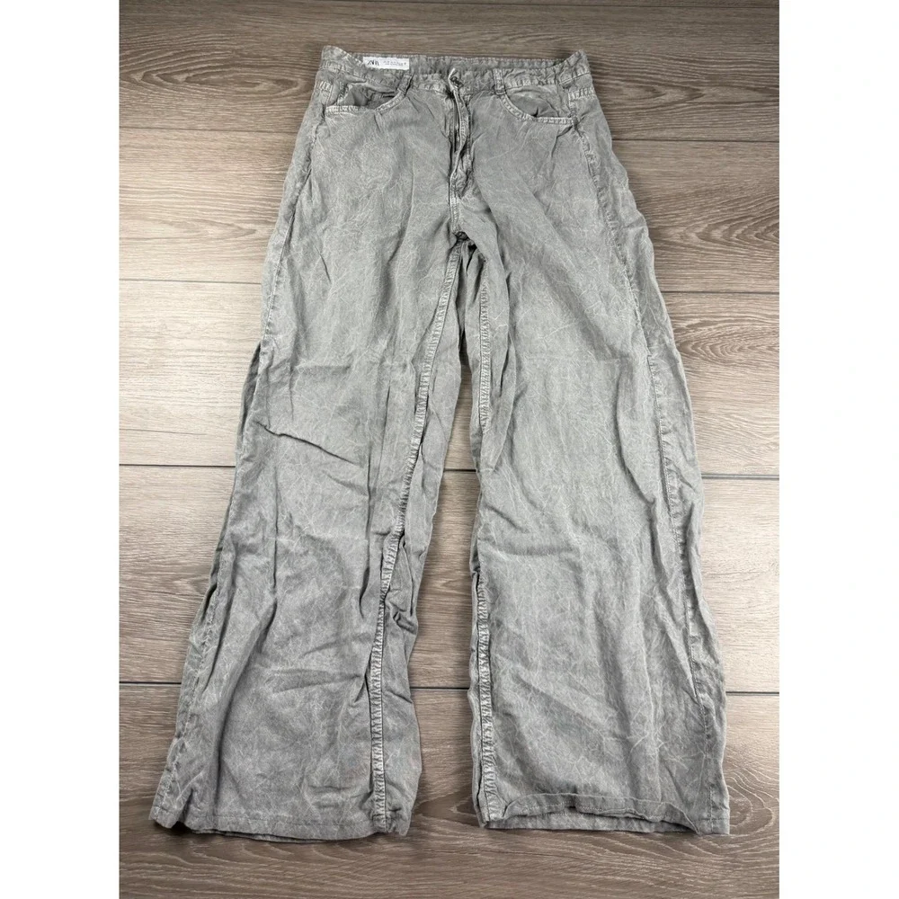 Zara Women Pants Lyocell Linen Blend Wide Leg Acid Wash Grey 6